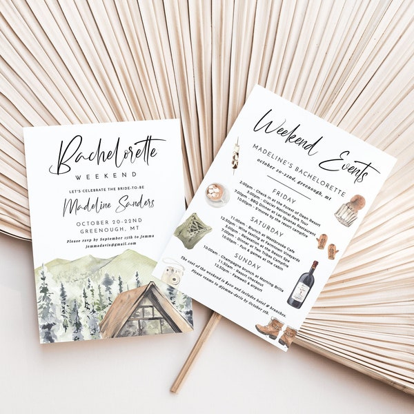 Bachelorette Weekend Itinerary Template, Lake, Mountain Retreat, Bachelorette Invitation, Forest Hens Party Invite, Hens Weekend Itinerary