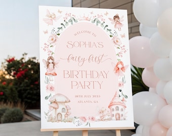 Plantilla de letrero de bienvenida para el primer cumpleaños de una hada, letrero de bienvenida para el primer cumpleaños de una hada, letrero de bienvenida para el primer cumpleaños de una niña, hada mágica del jardín encantado