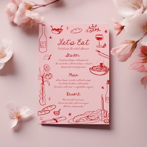 Menú dibujado a mano, menú imprimible en rosa fuerte, plantilla editable, menú de despedida de soltera en rosa y rojo, menú extravagante, menú moderno, menú peculiar