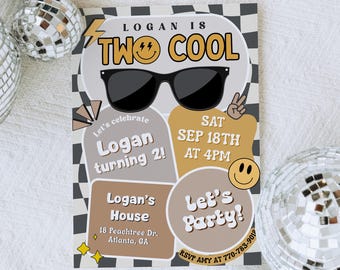 May include: A birthday party invitation with the text "TWO COOL" and "Logan turning 2!" is surrounded by several disco balls. The invitation features sunglasses, a peace sign, and a smiley face. The invitation also includes the date, time, and location of the party.