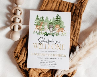 Modelo de convite Wild One, convite de primeiro aniversário da floresta, aniversário de animais da floresta, aniversário de Boy Woodland Wild, modelo editável