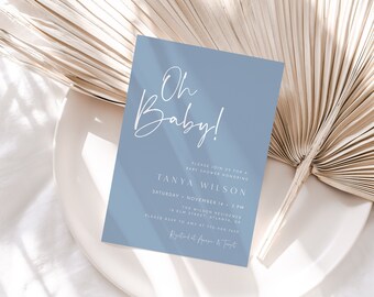 Blue Baby Shower Invitation Template, Modern Baby Shower Invite, Dusty Blue Invitation Suite, Oh Boy Baby Shower, Editable Template