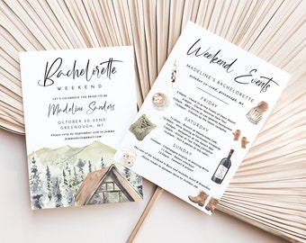 Bachelorette Weekend Itinerary Template, Lake, Mountain Retreat, Bachelorette Invitation, Forest Hens Party Invite, Hens Weekend Itinerary