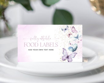 Butterfly Food Labels Template, Baby Shower Food Labels, Food Tent Cards, Food Tags, Folded Food Cards, Purple Food Label Card A103