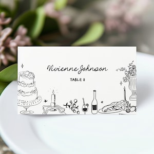Hand Drawn Wedding Place Card Template, Quirky Whimsical Place Cards, Trendy Place Cards, Tent Fold, Editable Template, Doodle Illustrations