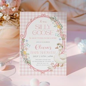 Silly Goose Baby Shower Invitation Template, Mother Goose Baby Shower, Editable Girl Baby Shower Invite, Pink Gingham, Floral Silly Goose