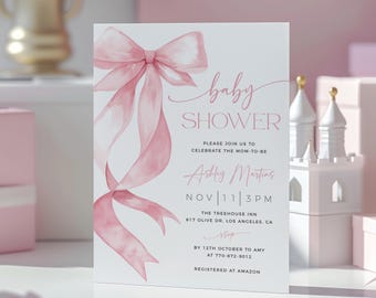 Pink Bow Baby Shower Invitation Template, Pink Coquette Invitation, Girl Baby Shower, Pink Bow Ribbon Baby Shower, Editable Template