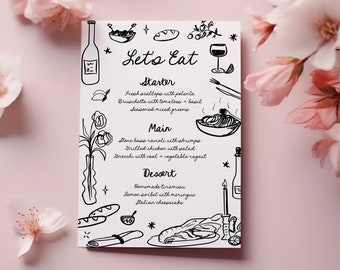 Hand Drawn Wedding Menu Card, Whimsical Menu Printable, Editable Template, Handwritten Wedding Menu, Scribble Illustrations, Trendy Menu