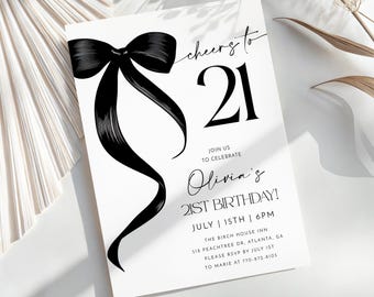 Plantilla de invitación para 21 cumpleaños con lazo negro, invitación para 21 cumpleaños con coqueta negra, lazo de cinta negra, plantilla editable
