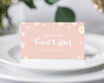Daisy Food Labels Template, Retro Baby Shower Food Labels, Food Tent Cards, Food Tags, Folded Food Cards, Retro Food Label Card A105