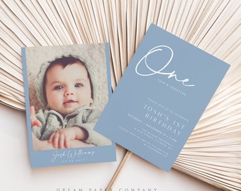 Dusty Blue 1st Birthday Invitation Template, Minimalist First Birthday Invite, Baby Boy 1st Birthday Invitation, Editable Invitation