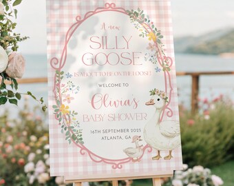 Silly Goose Welcome Sign Template, Pink Goose Welcome Sign, Mother Goose Baby Shower Welcome Sign, Pink Gingham Welcome, Baby Shower Decor