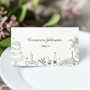Hand Drawn Wedding Place Card Template, Fun Place Cards, Trendy Place Cards, Tent Fold, Editable Template, Whimsical Illustrations, Green