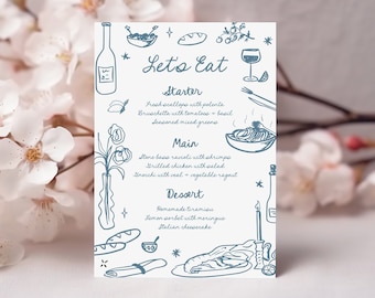 Hand Drawn Wedding Menu Card, Whimsical Menu Printable, Editable Template, Handwritten Wedding Menu, Drawing Illustrations, Trendy Menu