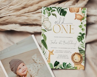 Safari Wild One Invitation Template, Boy Safari 1st Birthday Invite, Tropical Safari Birthday, Jungle Animals Birthday, Editable Template