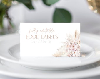 Boho Food Labels Template, Baby Shower Food Labels, Food Tent Cards, Food Tags, Folded Food Cards, Blush Pink Food Label Card A93