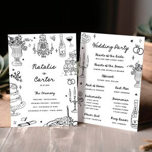 May include: Two black and white wedding ceremony cards with hand-drawn illustrations. The left card has the couple's names, "Natalie & Carter", and the ceremony details. The right card has the wedding party details, including the parents of the bride and groom, the officiant, maid of honour, bridesmaids, best man, groomsmen, and ring bearer.