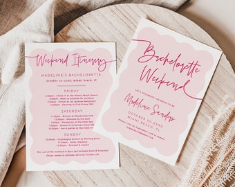 Wave Bachelorette Itinerary Template, Blush Pink Wavy Bachelorette Invitation Template, Travel, Hens Weekend Itinerary, Girls Trip Invite