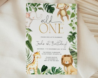 Safari 1st Birthday Invitation Template, Boy Safari Wild One Invite, Tropical Safari Birthday, Jungle Animals Birthday, Editable Template