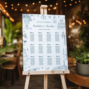 Handgetekende zitplaatsen grafiek, leuke eigenzinnige bruiloft zitplaatsen grafiek sjabloon, bewerkbare sjabloon, grillige bruiloft, doodle illustraties zitplaatsen plan
