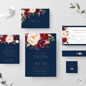 Navy Wedding Invitation Set Instant Download, Wedding Invite, DIY Printable Invite, Templett, Rustic Invites, Marsala Invite Burgundy Invite