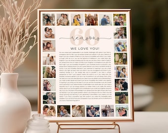 Sjabloon 60 redenen waarom we van je houden, aangepaste fotocollage, 60e verjaardagscadeau, 60e verjaardag, cadeau voor moeder, vader, beste vriend, canvassjabloon