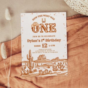 Invitación para el primer cumpleaños de rodeo, invitación para el cumpleaños de un niño del lejano oeste, invitación para el primer cumpleaños de un niño de rodeo, suroeste, cómo el Oeste era uno solo, desierto