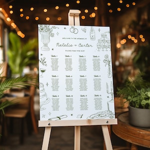 Hand Drawn Seating Chart, Whimsical Wedding Seating Chart Template, Editable Template, Fun Quirky Wedding, Doodle Illustrations Seating Plan