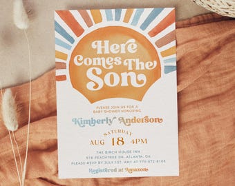 May include: A baby shower invitation with a retro design. The invitation features a sun graphic with the words "Here Comes The Son." Details include the honoree's name, date, time, and location. The invitation is on a peach-colored background.