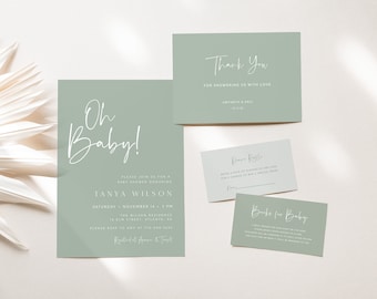 Sage Green Baby Shower Invitation Template, Minimalist Baby Shower Invite, Modern Invitation Suite, Gender Neutral Shower, SAG1