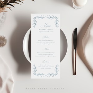 Carte de menu de mariage floral élégant, menu de chinoiseries bleu imprimable, modèle modifiable, menu de mariage bleu vintage imprimable, Katherine