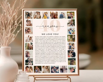 Plantilla de 40 razones por las que te amamos, collage de fotos personalizado, regalo de 40 cumpleaños, 40 aniversario, regalo para mamá, papá, mejor amigo, plantilla de Canva