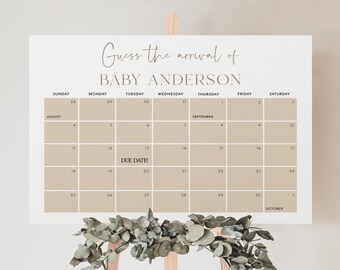 May include: A beige calendar with the text "Guess the arrival of Baby Anderson" at the top. The calendar is for August, September, and October. The due date is marked on 13th September.
