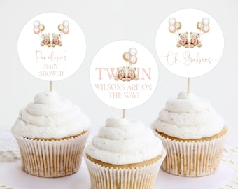 Twins Cupcake Topper Template, Editable Cupcake Toppers, Twin Girls Baby Shower Cupcake Topper, Teddy Bear Cupcake Topper Printable, A100