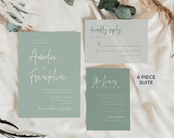 Sage Green Wedding Invitation Set, Modern Invitation Suite, Minimalist Invitation Template, Editable Template, Winter Wedding, SAGE