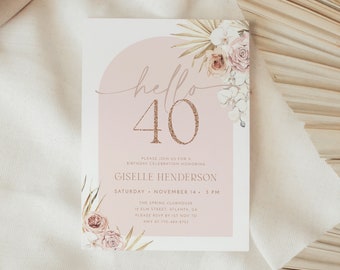 Invitación de cumpleaños de Boho, Plantilla de cumpleaños número 40 de Boho, Cualquier edad, Cumpleaños de adulto, Invitación de cumpleaños editable, Invitación a una fiesta de cumpleaños número 40