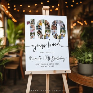 100th Birthday Welcome Sign Template, 100th Birthday Photo Collage, 100th Welcome Sign, 100 Collage Board, 100 Years Loved, Canva Template