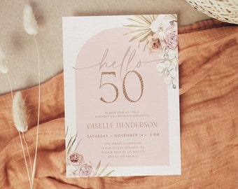 Convite de aniversário Boho, modelo Boho de 50 anos, qualquer idade, aniversário de adulto, convite de aniversário editável, convite de festa de 50 anos