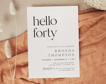 Modern Birthday Invitation Template, Minimalist 40th Birthday Invite, Adult Male Birthday Party Invite, Editable Birthday Invitation