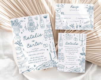 Hand Drawn Wedding Invitation Template, Funky Whimsical Wedding Invite, Trendy Wedding Invite, Editable Template, Handwritten Wedding Invite