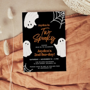 Halloween 2nd Birthday Invitation Template, Two Spooky Birthday Invite, Ghost 2nd Birthday Invite, Editable Invitation, Black Invite