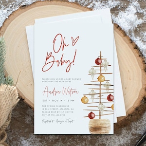 Christmas Baby Shower Invitation Template, Santa Baby Invitation, Modern Christmas Baby Shower, Red and Gold, Editable Template, Festive image 2