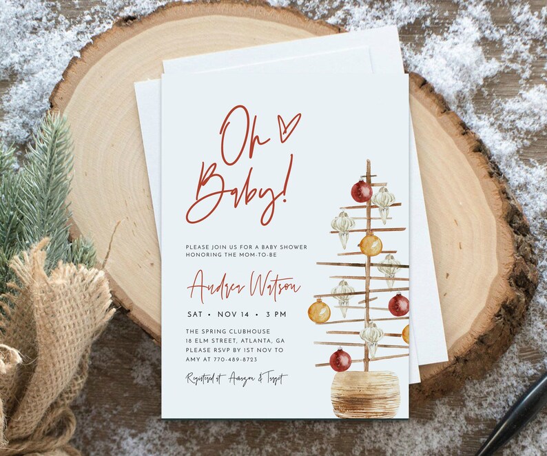 Christmas Baby Shower Invitation Template, Santa Baby Invitation, Modern Christmas Baby Shower, Red and Gold, Editable Template, Festive image 2