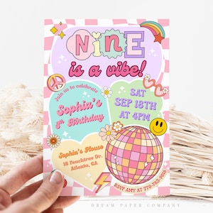 Groovy 9th Birthday Invitation Template, Nine Is A Vibe Birthday Invite, Retro Groovy 9th Birthday, Preppy Disco, Hippie, Smiley Face