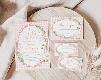 Silly Goose babyshower uitnodiging sjabloon, Mother Goose babyshower, bewerkbare meisje babyshower uitnodigen, roze pastel, bloemen Silly Goose