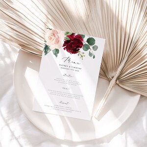 Wedding Menu Template, 2 Sizes, Burgundy Wedding Menu, DIY Wedding Menu, Blush and Burgundy, Table Menu Floral Menu Sign ROMANCE