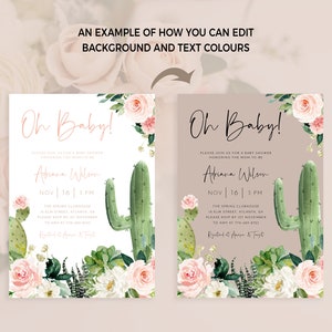 Puede incluir: Una invitaci&oacute;n a una fiesta de bienvenida al beb&eacute; con un dise&ntilde;o de cactus y flores. La invitaci&oacute;n dice "Oh Baby!" e incluye el texto "Por favor, &uacute;nase a nosotros para una fiesta de bienvenida al beb&eacute; en honor a la futura mam&aacute; Atrana Wilson Nov 16 | 3 PM The Spring Clubhouse in Elm Street Atlanta, CA Por favor, confirme su asistencia antes del 1 de noviembre a Amy al 199-999-9999 RSVP at Apasa & Tayt"