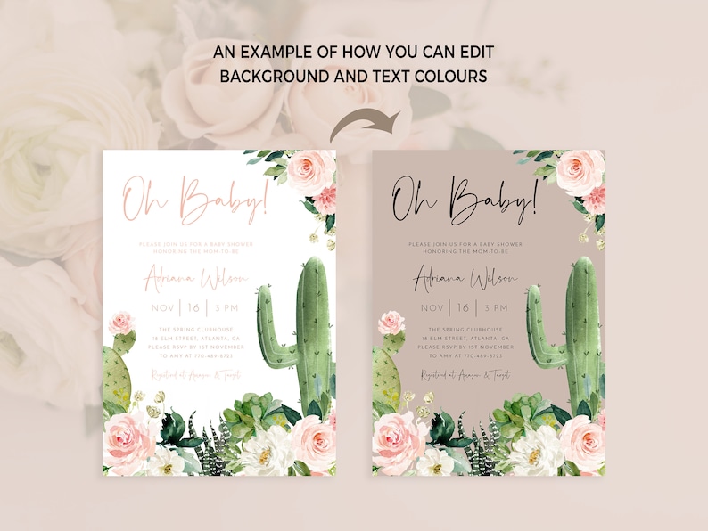 Puede incluir: Una invitaci&oacute;n a una fiesta de bienvenida al beb&eacute; con un dise&ntilde;o de cactus y flores. La invitaci&oacute;n dice "Oh Baby!" e incluye el texto "Por favor, &uacute;nase a nosotros para una fiesta de bienvenida al beb&eacute; en honor a la futura mam&aacute; Atrana Wilson Nov 16 | 3 PM The Spring Clubhouse in Elm Street Atlanta, CA Por favor, confirme su asistencia antes del 1 de noviembre a Amy al 199-999-9999 RSVP at Apasa & Tayt"