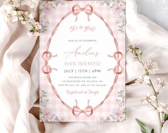 Coquette Baby Shower Invitation Template, Girl Baby Shower Invite, Pink Bow Baby Shower, Editable Template, Pink Coquette Floral Ribbon