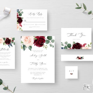 Burgund HochzeitSeinladung Vorlage Florale Hochzeitseinladung Vorlage Bearbeitbare HochzeitSeinladung Blush und Burgund Einladung Set ROMANZE